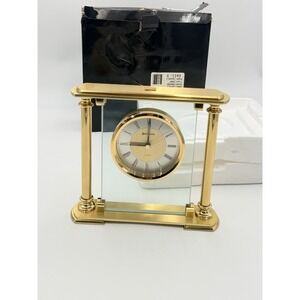 Vintage 90s Benchmark PageNet Glass Pillar Quartz Desk Clock Gold Tone Working